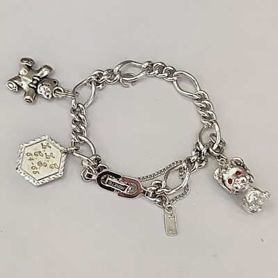 #ad Monet Charm Bracelet Vtg Silver Tone Figaro Chain Bear Lion Etched Lena 7quot; $17.00