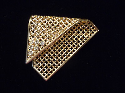 #ad Christian Dior Brooch Basket Weave Lattice Work Gold Tone Clear Rhinestones Pin $375.00