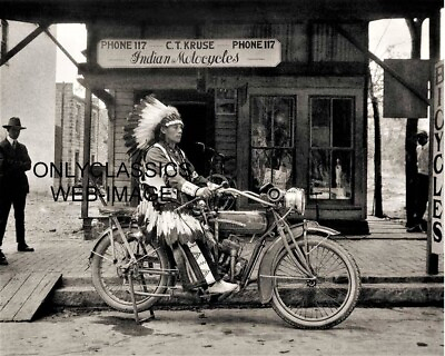 #ad VINTAGE INDIAN MOTORCYCLE C.T. KRUSE DEALERSHIP 8X10 PHOTO CHIEF POSES ON CYCLE $14.41