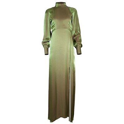 #ad ADIBA Designer Long Sleeves Maxi Green Gladiolus Dress With Side Slit Size M $810.00