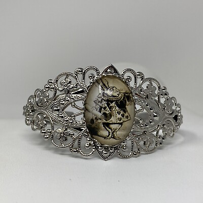 #ad Alice In Wonderland Ornate Silvertone White Rabbit Cabochon Cuff Bracelet $18.00