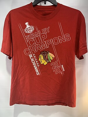 #ad 2010 Chicago Blackhawks Stanley Cup Champions T Shirt Medium Red Reebok Q201 $11.99