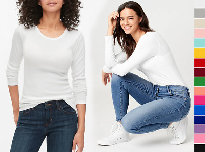 #ad Women#x27;s Premium Cotton Basic Long Sleeve T Shirt Top Soft Knit Solids Crew Neck $9.99