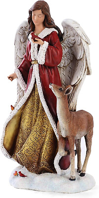 #ad Freestanding Dazzling Red amp; Goldtone Angel with Deer Festive Winter Figurine $42.46