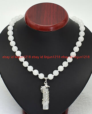 #ad New 10mm White Jade Round Gemstone Beads Phoenix Pattern Pendant Necklace 18quot; $8.08