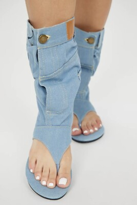 #ad Fashion Nova New Denim Blue Thong Gladiator Flat Sandals Sz 8.5 $49.00