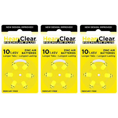 #ad HearClear Size 10 Zinc Air 1.45V Hearing Aid Batteries Yellow Tab 18 Pack $6.95