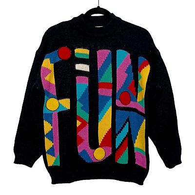 #ad VTG CURRANTS BY JERI JD quot;Funquot; Colorful Novelty Black Knit Sweater Top Medium $58.50