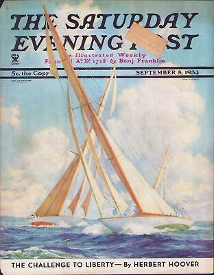 #ad SEP 8 1934 Sailboats Racing Over Open Ocean SATURDAY EVENING POST COVER ONLY #1 $29.95