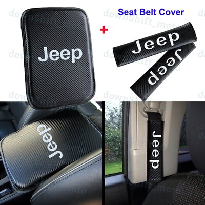 #ad Carbon Fiber Car Center Armrest Cushion Mat Pad Seat Belt Cover Set For JEEP $18.99