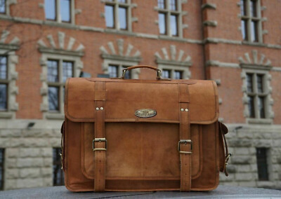#ad Real satchel bag Inside Large Laptop briefcase Men#x27;s 16quot; goat leather messenger $61.10