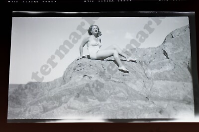 #ad busty blonde woman in swimsuit pinup pose 1950s Vtg b w film NEGATIVE Wc $14.99