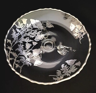 #ad Silver City 3 Footed Dish With Flanders Poppy Sterling Overlay Clear Glass 7.5quot; $32.00