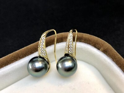 #ad beautiful 10 9MM AAA black natural south sea pearl earring silver $59.99