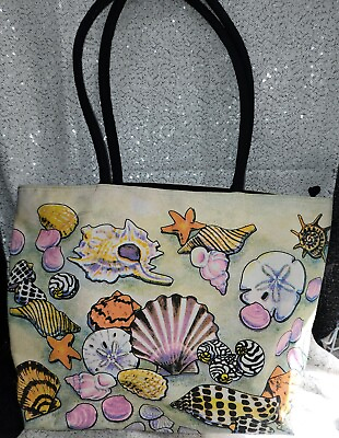#ad LARGE SHELLS OCEAN SCENE CANVAS TOTE BEACH BAG 18” X 12” All Over Print $8.80