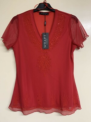 #ad Ladies Red Short Sleeve Beaded Top Fashion Blouse Party Summer Top Womens BR159 GBP 13.49