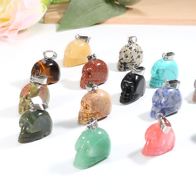 #ad 12pcs Charms Natural Gemstone Pendant Carved Skull Crystal Pendant for Jewelry $12.03