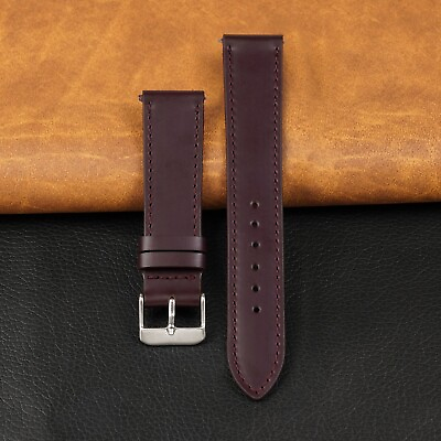 #ad Flat Burgundy Leather Watch Band Quick Release Men Handmade Watch Strap $16.99