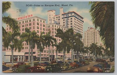 #ad Linen Busy Car Filled Scene Of Biscayne Blvd McAllister Hotel In Bkgd PM 1954 PC $2.80