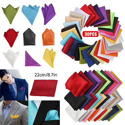 #ad 30pcs Men Silk Satin Pocket Square Handkerchief Plain Solid Color Wedding Party $14.48