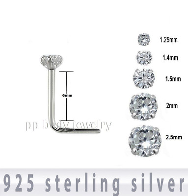 #ad 1pc. 22G 925 Sterling Silver Round CZ Prong Set L Shaped Nose Stud Ring $2.87