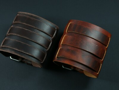 #ad Dark Brown Leather cuff bracelet Veg tanned wide Triple buckled Punk bracelet $69.99