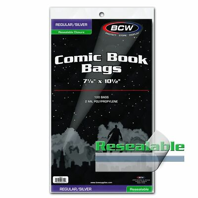 #ad 100 BCW Resealable Silver Regular 2 Mil Comic Book Bags 7 1 8quot; x 10 1 2quot; $13.99