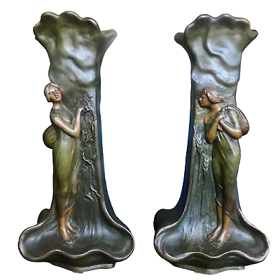 #ad Pair of 19th Century Art Nouveau Sculptured Bronzed Spelter Vases $1894.00