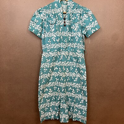 #ad VTG 1940s Teal Floral Hawaiian Print A Line Dress Bohemian $125.00