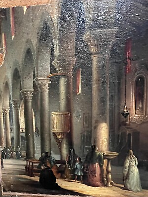 #ad Antique Painting Original Inside Church with People $455.00
