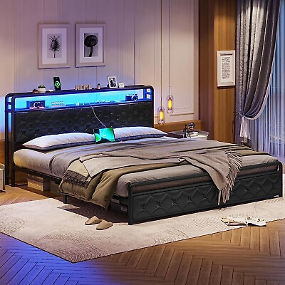 #ad King Size LED Bed Frame with Storage Headboard Upholstered Platform Black PU Bed $199.99