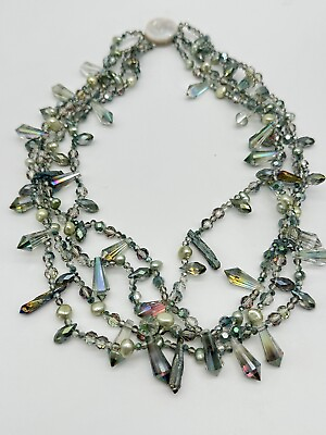 #ad 4 Strand Light Green Crystal amp; Pearl Necklace MOP Magnetic Clasp $38.00