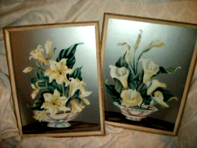 #ad 1950s AIRBRUSH OIL PAINTINGS STYLIZED FLOWERS LILIES SILVER BOARD CALIFORNIA ART $179.11