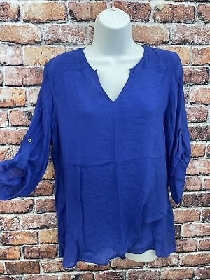 #ad Women’s Fever Solid Blue Top Size S CH Quarter Sleeve $10.99