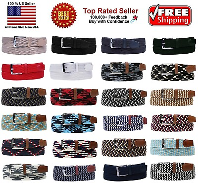 #ad BASKET WEAVE NYLON WOVEN ELASTIC STRETCH BELT with BELT BUCKLE MULTI COLORS $8.95