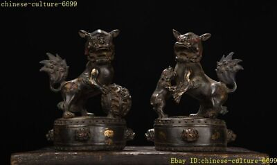 #ad 8.8quot;Old Chinese bronze Gilt wealth animal lion foo dog door drum statue A pair $485.94