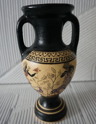 #ad Vintage Two Handle Greek Bud Vase Black Beige With Hand Painted Perimeter Art $16.97