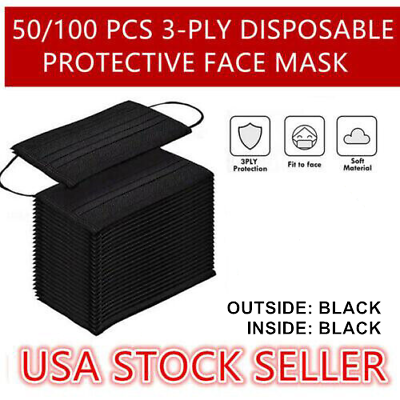 #ad 50 100 Pcs Black 3 Ply Face Mask Disposable Non Medical Surgical Cover $4.90