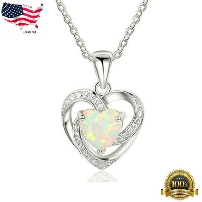 #ad Women Silver Plated Opal Heart Pendant Necklace 18” Lab Created $3.85