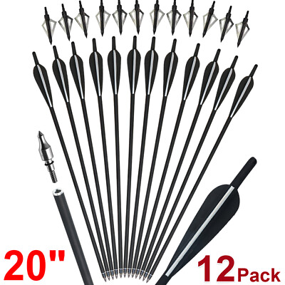 #ad 12Pcs 20quot; Hunting Carbon Arrow with 12Pcs 3 Fixed Blade Arrowhead for Crossbow $45.98
