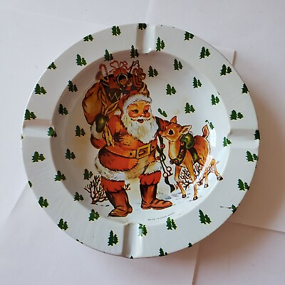 #ad Santa and Reindeer Aluminum Ashtray Vintage Made In Hong Kong Pre owned $3.75