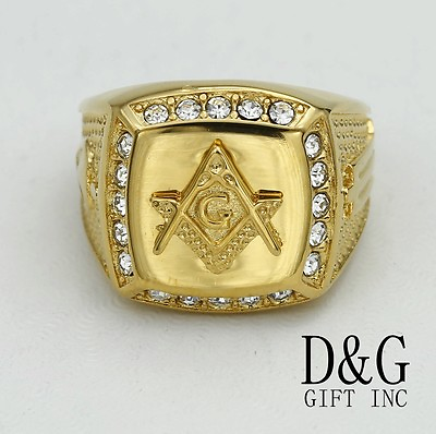 #ad DG Men#x27;s Stainless SteelMasonic CZ Icy Bling Ring Size 8 13Gold plated BOX $15.99