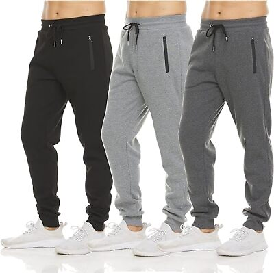 #ad 3 PACK: Men#x27;s Fleece Lined Slim Fit Casual Tech Jogger Sweatpants Zipper Pockets $38.99