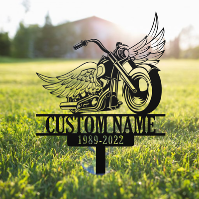 #ad Custom Rider Memorial Metal Stake Motorcycle with Wings Metal Sign Biker Gift $89.99