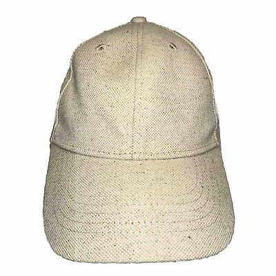 #ad Burlap Tan Hat Cap Black White Stripe inside Leather Strap w Buckle $12.99