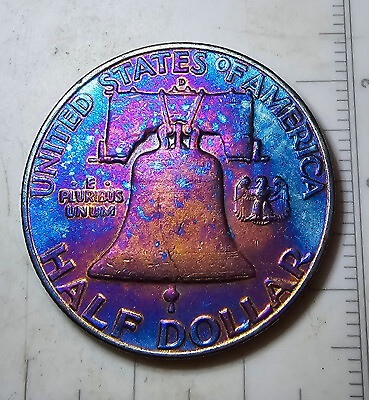 #ad 1959 D Franklin Half Dollar 90% Silver 🌈 RAINBOW BLUE TONED Nice Unique Coin $39.95