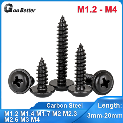 #ad M1.2 M4 Phillips Flanged Button Head Self Tapping Screws Flange Black Tappers $1.69
