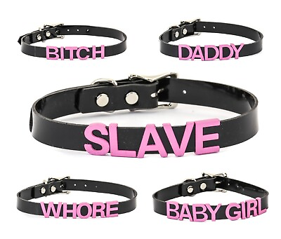 #ad Black Vinyl Slave Name PVC Pink Bdsm Choker Slut Collar Choker Adult Kinky $19.99