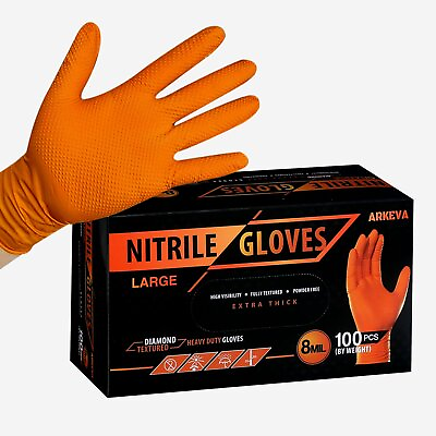 #ad Heavy Duty Orange Industrial Nitrile Gloves with Raised Diamond Texture 8 mil $17.49