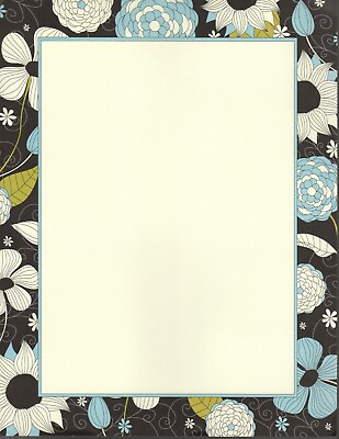 #ad Outline Foliage Letterhead 11quot; Retro Blue Black Flowers Floral Printer Paper $3.95